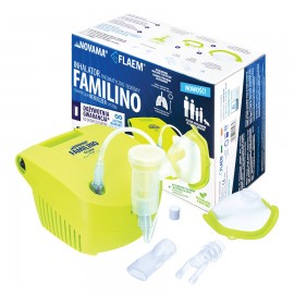 Aparat aerosoli Novama Familino by Flaem, nebulizator cu compresor, 2 moduri de nebulizare, dimensiuni particule reglabile, masca copii si adulti, fara ftalati si BPA, pentru uz casnic si profesional, Verde